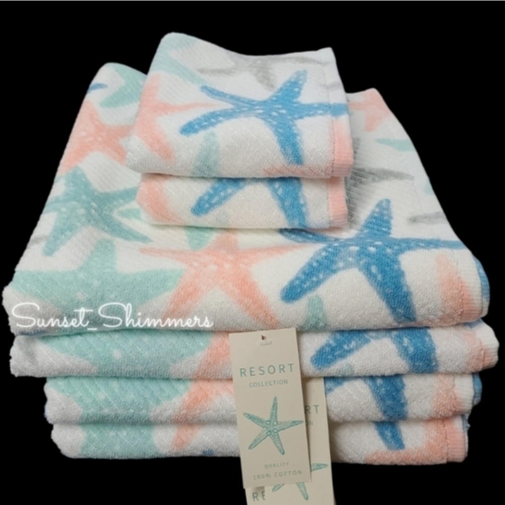 6pc Resort Collection Coastal Starfish Bath & Hand TOWEL Set 100% Cotton New